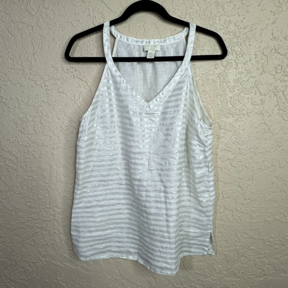 St Tropez Linen Tank Top Womens M White Silver Striped Shimmer Beach Coastal